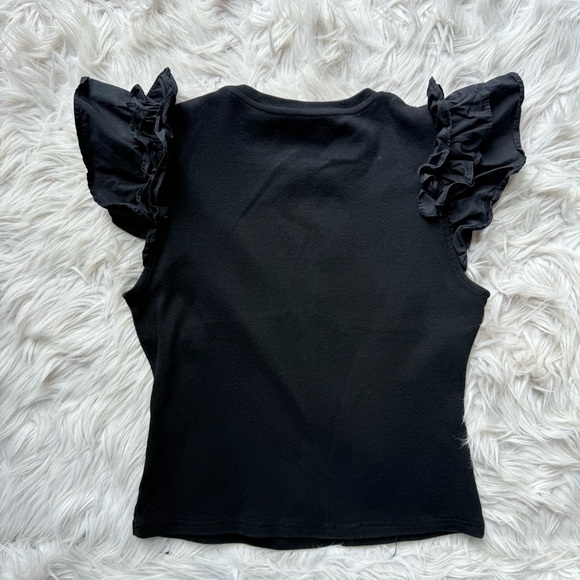 By Anthropologie Ribbed Tee Knit Shirt Top with ruffle flutter sleeves Black S - Picture 5 of 7